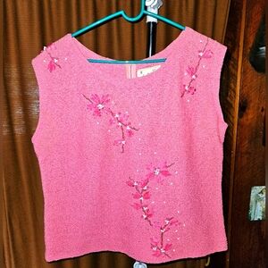 Vintage Zip Back Pink Floral Embroidered Women's Top Sleeveless